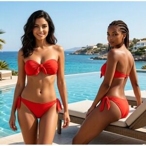 Michael Kors Womens Bikini Set Size 4 Red Bandeau Side Tie MK48427